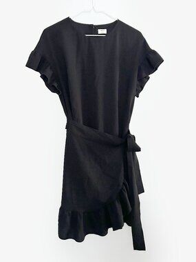 Aritzia Wilfred Black Ruffle Mini Cocktail Dress Flutter Sleeve Tie Waist XS